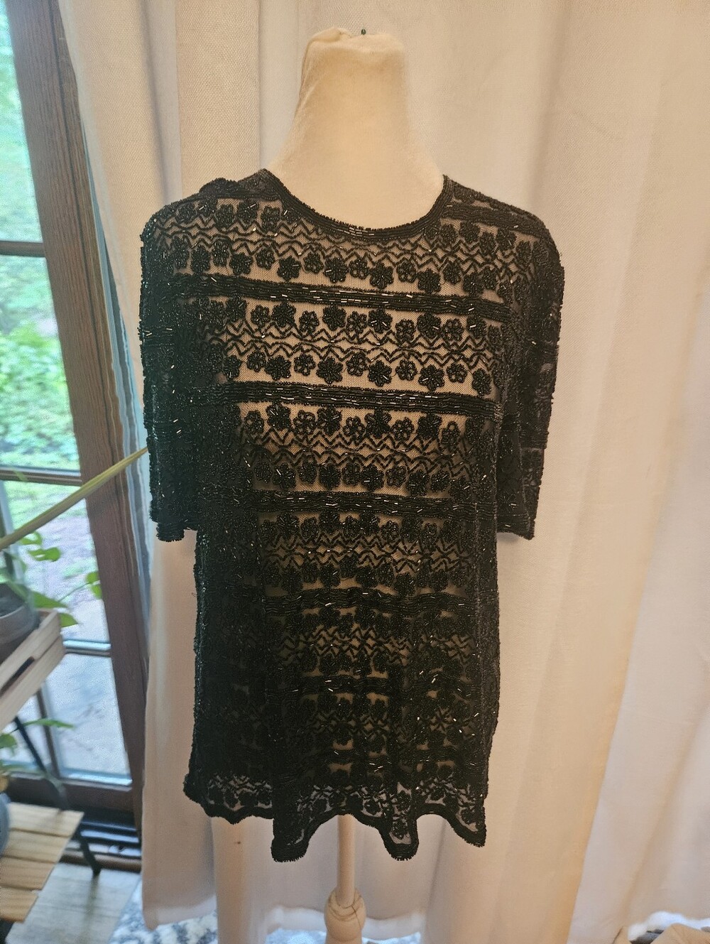 Scala Vintage 90s 80s Black Beadead Sheer Top XXL 2XL